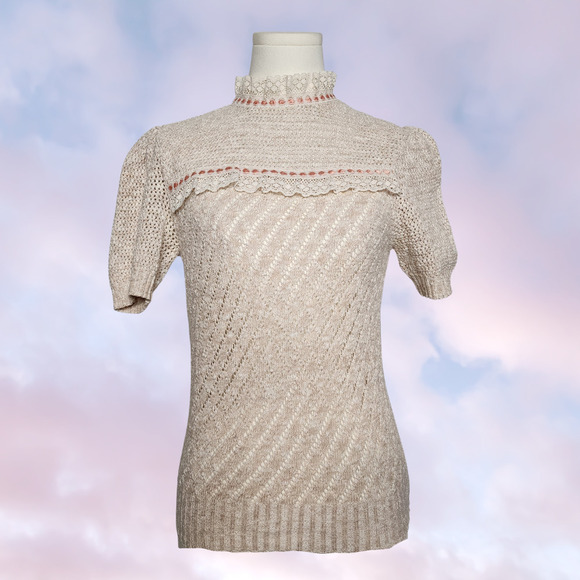 Vtg Tan Pink White Handmade Knit Turtleneck Lace Cottage Coquette Victorian Top - Picture 1 of 6